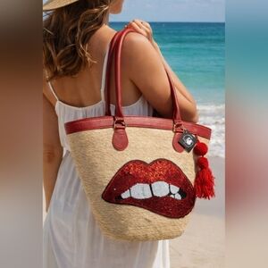 By Del Rio Handmade Sequin Lips Straw Bag